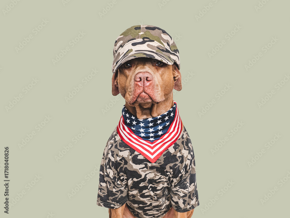 Fototapeta premium Cute dog, American Flag and military shirt. Closeup, indoors. Studio shot. Congratulations for family, loved ones, relatives, friends and colleagues. Pets care concept