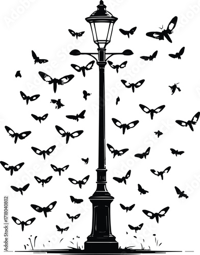 Outline of streetlamp with tiny moths flying around 2