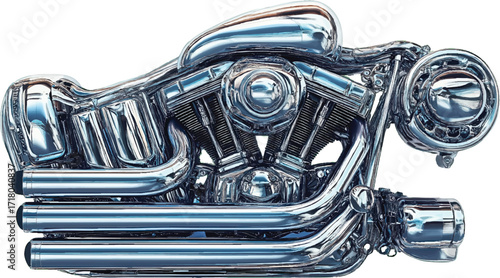 Chrome Motorcycle Engine with Exhaust Pipes on White Background V-twin