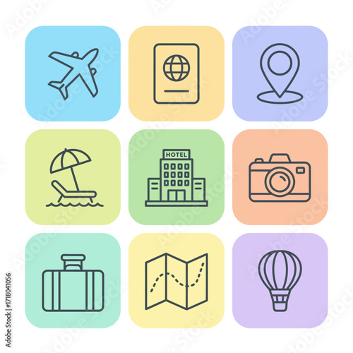 Modern Outline Travel and Tourism Icons Collection, Featuring Essential Elements for Vacation Planning, Global Journeys, and Leisure Activities in a Soft Pastel Palette
