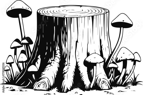 Outline vector of tree stump with small mushrooms around 1