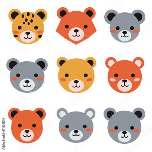 Adorable collection of flat design animal faces, featuring charming bears and a playful leopard illustration, perfect for children's designs, digital assets, and cute graphic projects