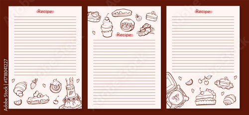 Outline printable recipe page templates set with cute bakery doodles and cakes. Ideal for kitchen journals, planners, cookbooks, DIY recipe binders and digital downloads. Vector illustration.