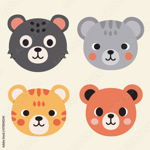Adorable collection of four charming cartoon animal faces, featuring a playful bear, a striped cat, and a cute tiger, perfect for children's graphic designs and cheerful projects