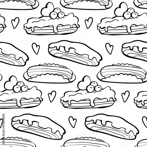 Outline seamless pattern of assorted eclairs with cream filling and heart. Perfect for coloring pages, wrapping paper, kitchen decor, packaging and pastry shop. Vector doodle illustration.