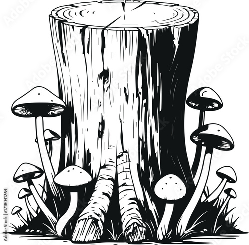 Outline vector of tree stump with small mushrooms around 2