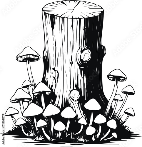 Outline vector of tree stump with small mushrooms around
