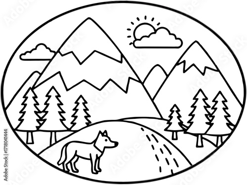 Minimalist Mountain Landscape Illustration with Wolf Trees Sun Clouds and Oval Frame in Black and White on white background