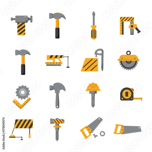 Collection of various construction tools and equipment illustrations, including hammers, saws, screwdrivers, and measuring tapes