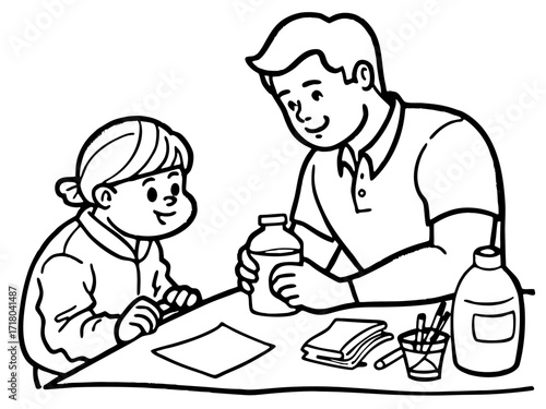 Father and Child Crafting Together A Black and White Illustration of Bonding and Creativity on white background