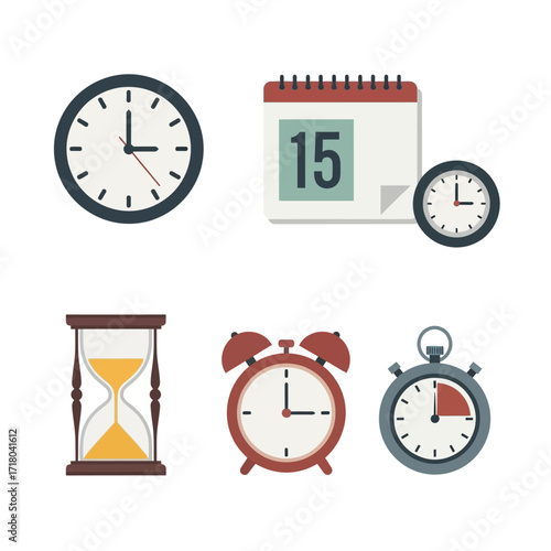 Essential time management tools featuring various clocks, a calendar, an hourglass, and a stopwatch. Perfect for concepts of scheduling, planning, and meeting deadlines