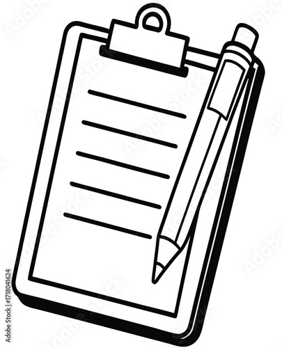 Illustration of a clipboard with a blank sheet of paper and a pen ready for writing notes or completing a task