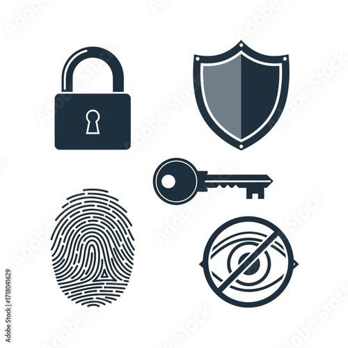 Security and protection elements padlock, shield, key, fingerprint, and no eye symbol, vector illustration