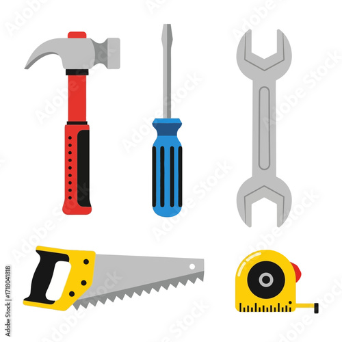 A collection of assorted tools including a hammer, screwdriver, wrench, saw, and measuring tape, representing manual labor and construction