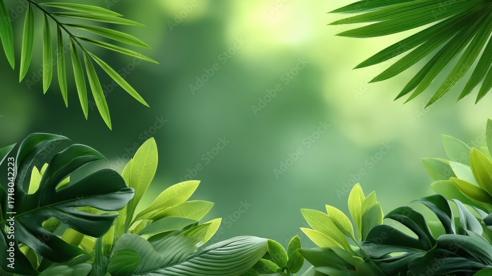 Obraz premium Tropical green leaves frame a vibrant, blurred background, creating a lush, natural, and refreshing jungle atmosphere