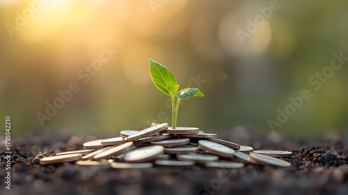 Green Plant Growing from Coins on Soil