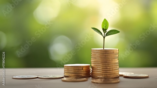 Plant Sprouting from Gold Coin Stacks on Wood