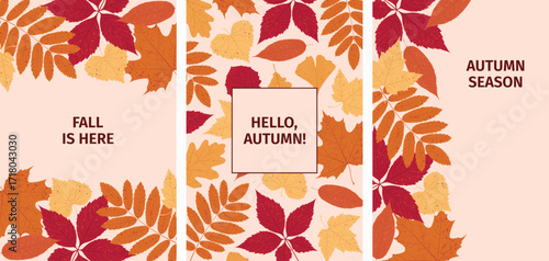 Autumn greeting card design with colorful diverse leaves in fall colors on a light beige background. Vector foliage seasonal flat illustrations. Vertical autumnal postcards.