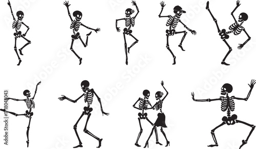 Happy Halloween skeleton dancing silhouette background.
