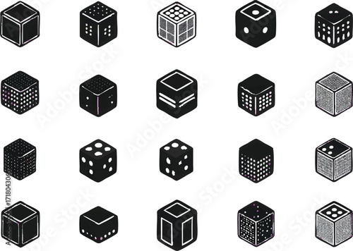 Grid of 20 Black and White Dice with Varied Dot Patterns and Pink Accents Keywords: dice, cube, game, gambling, chance, luck, random, numbers, dots