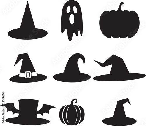 Happy Halloween silhouette icon set vector art and illustration.