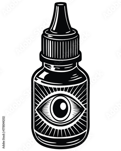 An illustration of an eye drops bottle with an all-seeing eye symbol on the label, representing vision and healing