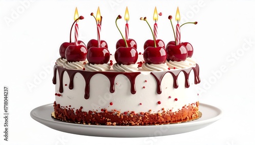 Celebratory cake with white frosting, red cherry glaze, eight cherries with lit candles, and red sprinkles on white plate, festive and vibrant.