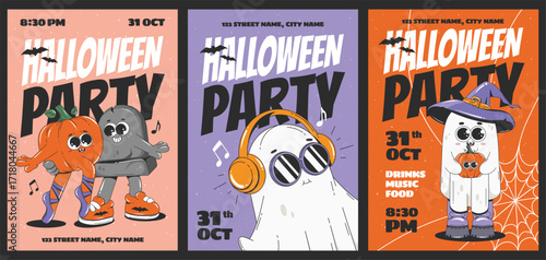 Groovy Halloween Party Invitation Posters With Cartoon Characters. Ghost, Pumpkin, Gravestone. Flyer Template Design.