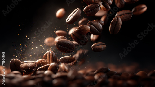 Roasted coffee beans falling onto a pile of beans, evoking the intense aroma of freshly roasted coffee, with a black background.