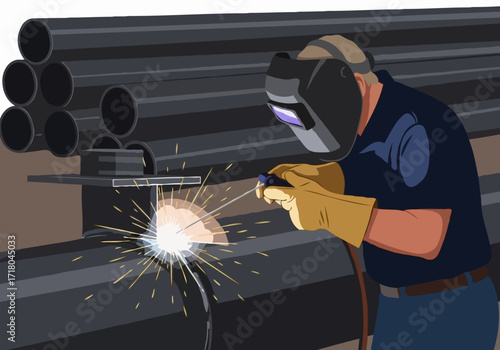  Industrial welder working on metal pipes with sparks flying
