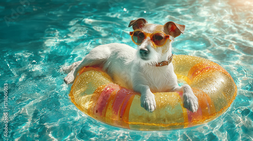 A fun summer scene with a dog relaxing on a colorful float in the pool, surrounded by a peaceful atmosphere.