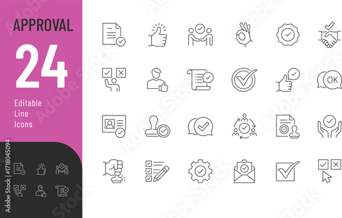 Approval line Editable Icons set. Vector illustrations in a modern, thin line style of accept related icons: agreement, checkmark, OK sign, and more. Isolated on a transparent background.
