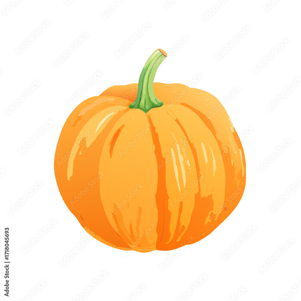 Obraz premium Watercolor Vector icon of an orange pumpkin with a green stem, symbolizing autumn, harvest, and seasonal festivities. Isolated on a transparent background