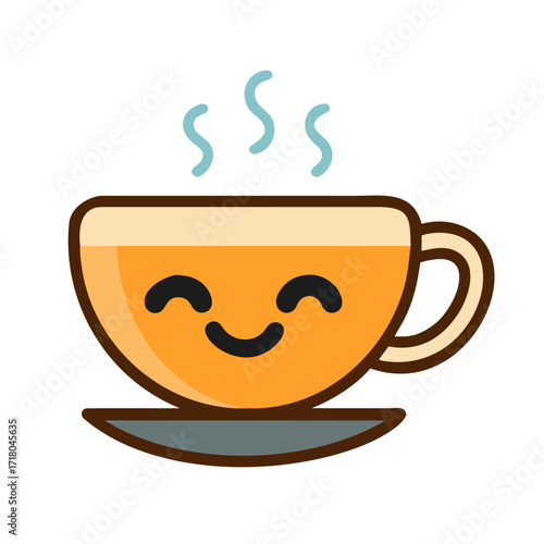 Colored vector icon of a coffee cup with a smiling face, emoji style, symbolizing happiness, warmth, and cozy moments. Isolated on a transparent background