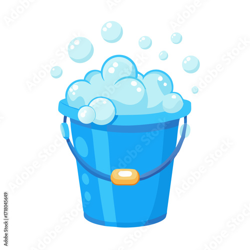 Colored vector icon of a blue bucket with soapy bubbles, symbolizing cleaning, hygiene, and household chores, isolated on a transparent background
