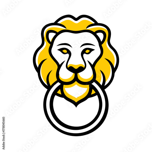 Vector icon of a classical lion head doorknocker with a round handle, symbolizing tradition, and home entrance. Isolated on a transparent background