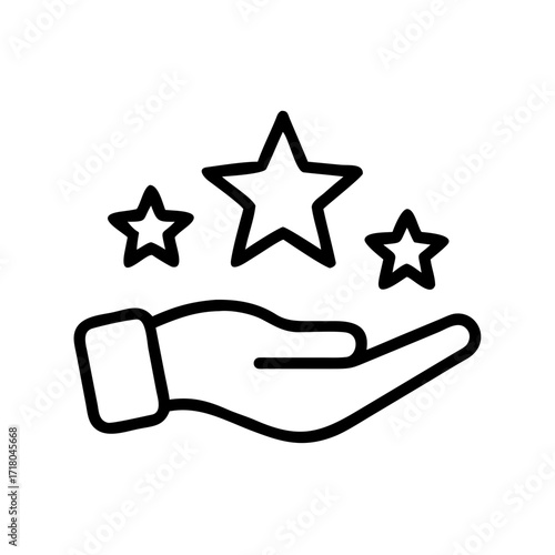 Minimalist black outline vector icon of a hand with a stars on top, symbolizing achievement, success, and recognition, isolated on a transparent background