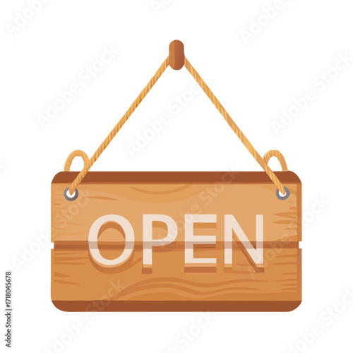 Colored vector icon of a square wooden "OPEN" sign hanging on a string from a nail, symbolizing business availability, store hours, and welcome message. Isolated on a transparent background