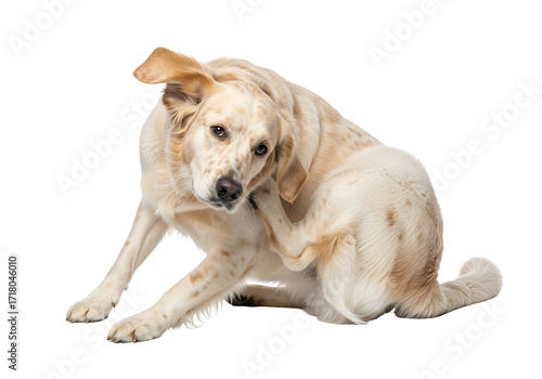 A light cream-colored dog sits with its head down, scratching itself, against a stark black background.