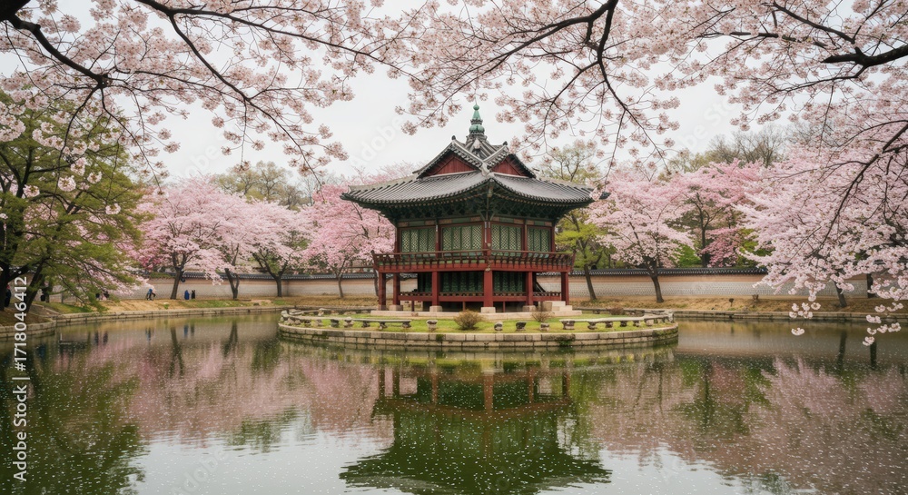 Fototapeta premium Cherry blossoms and traditional asian pavilion by a pond