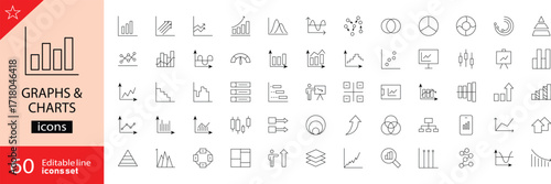 Graphs and charts icons set. Includes symbols of bar chart, pie chart, line graph, analytics, statistics, growth, comparison, and data visualization. Editable stroke. Vector illustration. Outline icon