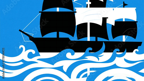 Columbus Day Majestic tall ship with black and white sails navigates dynamic blue and white ocean waves under a clear sky, evoking adventure and exploration