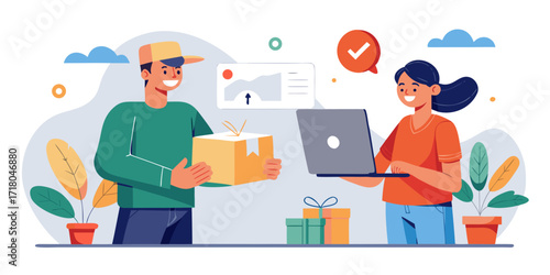 Delivery person hands a package to a woman using a laptop for online shopping confirmation