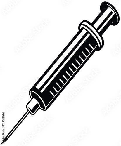 Black and white illustration of a medical syringe with a needle, representing healthcare and injections