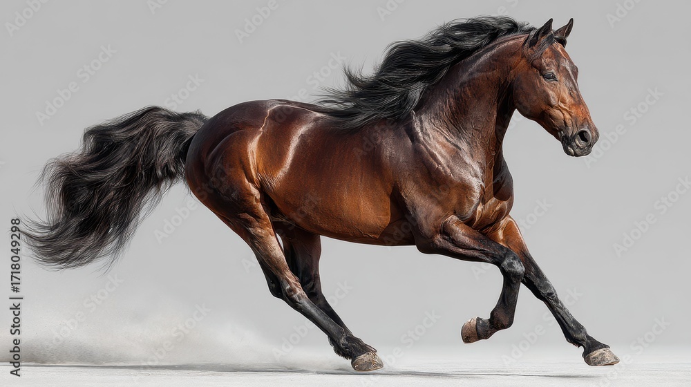 Fototapeta premium Brown horse gallops swiftly across a textured surface in a studio setting showcasing its power and grace