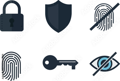 Essential digital security and privacy icons for robust online protection, access management, and confidential information safeguarding against modern threats
