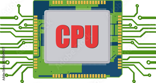 Vector illustration of a CPU design with green circuitry and a bold red label for educational or technical use