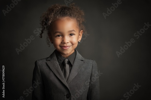Smiling Portrait of Confident Curly-Haired Girl in Formal Wear with Accessories on Black Background – Professional Headshot of Brown-Skinned Child in Business Style Fashion