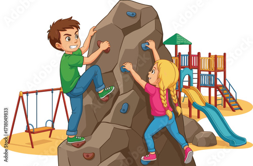  Happy kids boy and girl climbing a playground rock wall together, enjoying a fun outdoor challenge, a cartoon vector illustration