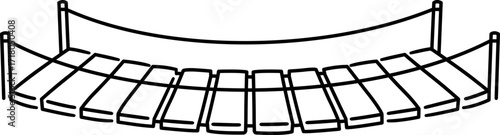 Simple black and white line drawing of a wooden suspension rope bridge. Vector clipart illustration.